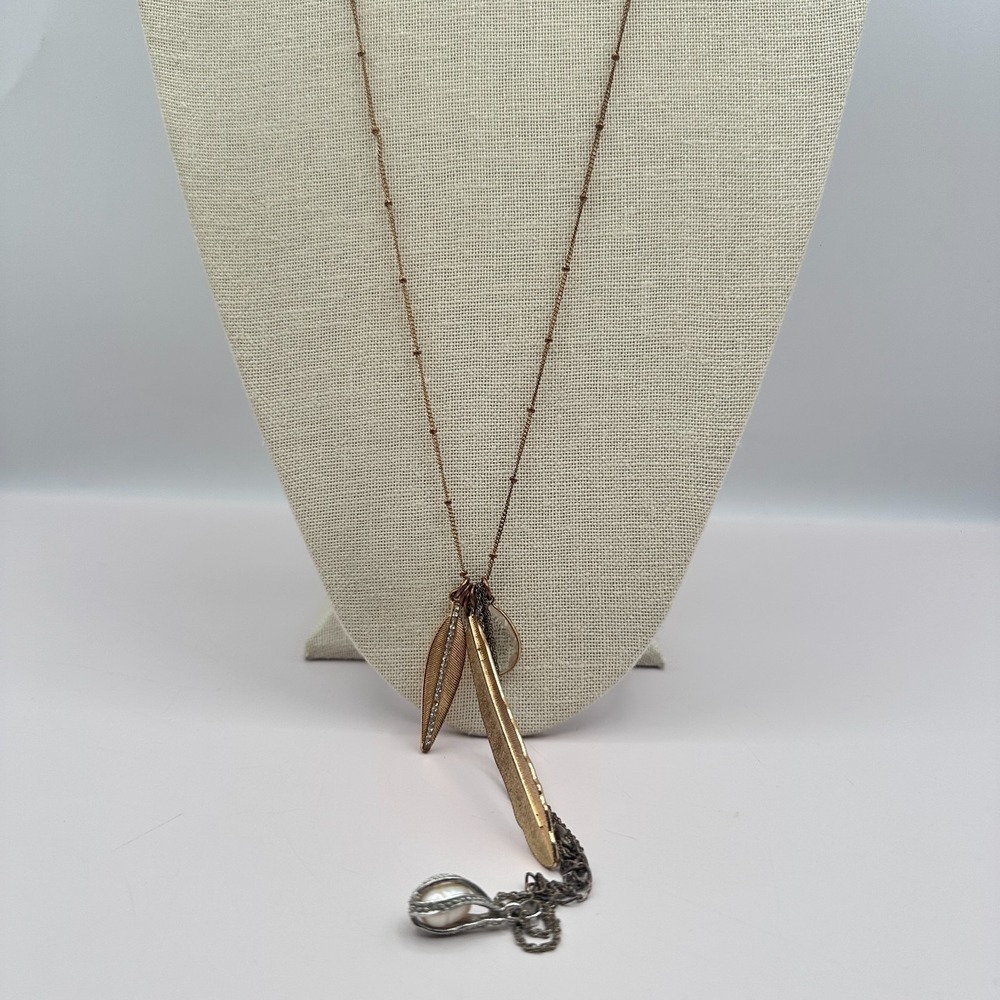 Vintage Y2K Feather Charm Rhinestone Faux Pearl Pendent Necklace Fashion Jewelry